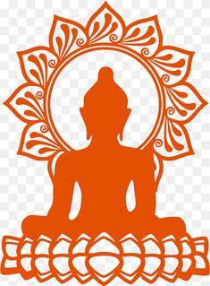 an orange buddha statue sitting in the middle of a circle with leaves around it, on a