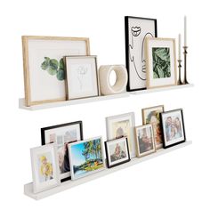 two white shelves with pictures and frames on them, one shelf has candles and the other holds photos