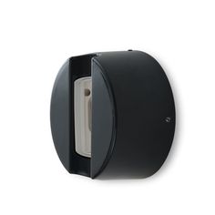 an open black wall mounted toilet paper dispenser on a white back ground