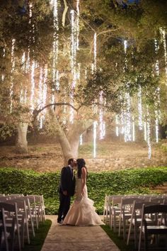 a bride and groom standing under a tree with lights hanging from it's branches