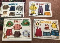 four children's clothing cards with the words winter, fall and spring written on them