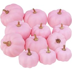 small pink pumpkins are arranged on a white background