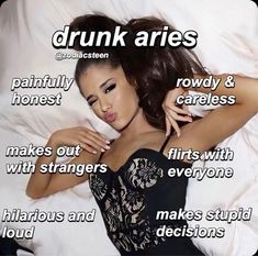 a woman laying in bed with the words drunk aris above her head and below her