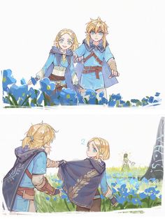 two pictures of the same person holding hands with another character in front of blue flowers