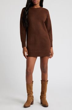 Add something simple yet chic to your cold-weather wardrobe with this wool-kissed sweater-dress knit with cozy ribbed trim and a leggy mini length. 33" length Crewneck Long sleeves Ribbed cuffs and hem 55% polyester, 20% acrylic, 13% nylon, 8% wool, 4% elastane Dry clean Imported Sweater Dress Tall Boots, Mini Sweater, Dress Knit, Favorite Daughter, Maternity Shops, Romantic Dress, Mini Sweater Dress, Designer Clothes For Men, Long Sleeve Mini