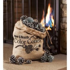 a bag filled with pine cones next to a fireplace