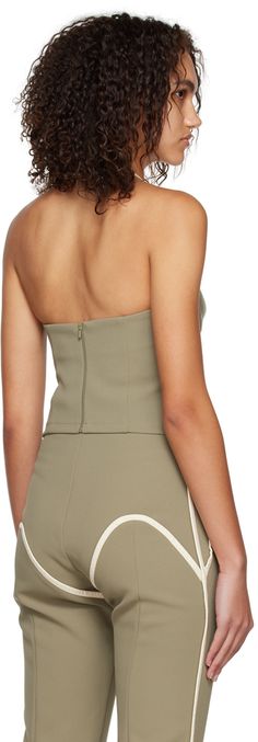 Triacetate-blend crepe tank top. Grained faux-leather trim throughout. · Sweetheart neckline · Halter strap with hook-eye fastening · Zip closure at back Supplier color: Khaki/Cream Chic Tops With Boned Bodice And Tank Straps, Chic Sleeveless Tank Top With Boned Bodice, Chic Sleeveless Top With Boned Bodice, Sleeveless Tops With Invisible Zipper, Top Eye Creams, Paris Georgia, Heart Tank Top, Cream Tops, Halter Strap