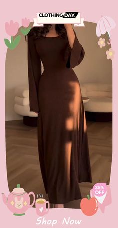 Elegant Bodycon Dress Trendy Long Sleeve Brown Dress, Trendy Brown V-neck Dress, Trendy Brown Stretch Dresses, Casual Long Dress For Date Night, Trendy Solid Maxi Length Dresses, Trendy Solid Color Maxi Length Dresses, Trendy Solid Maxi Dress, Trendy Solid Color Maxi Dresses, Trendy Brown Midi Dress