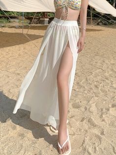 White  Collar  Chiffon Plain  Embellished Slight Stretch  Women Clothing Beach Outfit Dress Beachwear, Maxi Skirt Beach Outfit, Cover Up Swimsuit Outfit, Crochet Skirt Cover Up, White Beach Outfits Women, Beach Outfit Skirt, Cute Beach Fits, Swimsuit With Skirt Coverup, Cute Swimsuit Coverups