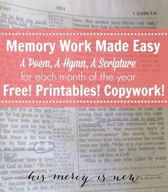 an old newspaper with the words memory work made easy on it and a pink border