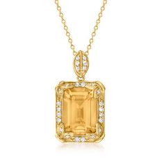 Ross-Simons - 6.00ct Citrine, .44ct t.w. White Topaz Necklace, Diamonds Over Sterling. 18". With a honey-golden glow, this 6.00 carat emerald-cut citrine necklace maintains a warm radiance. The pendant also glistens with .44 ct. t.w. white topaz rounds in milgrained 14kt yellow gold over sterling silver. Diamonds accent the leaf details. Suspends from a cable chain with a springring clasp. White topaz and citrine pendant necklace. Citrine birthstones are the perfect gift for November birthdays. Topaz And Citrine, Citrine Drop Earrings, White Topaz Necklace, Blue Topaz Pendant Necklace, Citrine Birthstone, Citrine Earrings Studs, White Topaz Earrings, Opal Pendant Necklace, Citrine Pendant