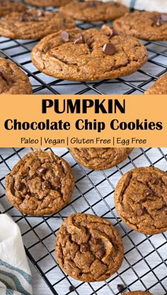 pumpkin chocolate chip cookies cooling on a rack with text overlay that reads pumpkin chocolate chip cookies