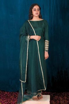 Green anarkali intricately hand-embroidered with pitta, dabka and aari work on neckline. Paired with straight pant and dupatta. - Aza Fashions Green Dola Silk Salwar Kameez With Long Sleeves, Floor-length Chanderi Salwar Kameez With Dabka Work, Anarkali Unstitched Suit With Zari Work, Anarkali Unstitched Dola Silk Suit For Eid, Navratri Art Silk Anarkali Unstitched Suit, Dola Silk Anarkali Set With Dabka For Reception, Navratri Anarkali Unstitched Suit In Art Silk, Anarkali Unstitched Suit For Reception And Festivals, Pista Green Zari Work Anarkali Suit