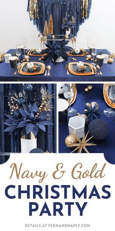 navy and gold christmas party with blue table cloths, black napkins and decorations