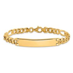 14k yellow gold figaro link ID bracelet. Measures approximately 1/4 of an inch in width and has a fancy lobster claw clasp. Classic Gold Figaro Chain Bracelet, Classic Figaro Chain Gold Bracelet, Yellow Gold Rectangular Bracelet With Lobster Clasp, Rectangular Yellow Gold Bracelet With Lobster Clasp, 14k Gold Rectangular Bracelet With Lobster Clasp, Yellow Gold Figaro Chain Bracelet With Rectangular Links, Formal Yellow Gold Figaro Chain Bracelet, 14k Gold Figaro Chain Nameplate Jewelry, Classic Gold Bracelet With Figaro Oval Link