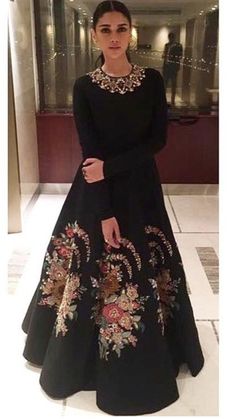 This Black color floor length gown is featured in the dupion silk with hand embroidered gold color embroidery on the panels.Can be customised in any color of your choice. Hippy Chic, Salwar Kamiz, Red Lehenga, Winter Dress Outfits, Indian Gowns Dresses, Wedding Clothes, Indian Bridal Fashion, Long Frocks, Indian Gowns