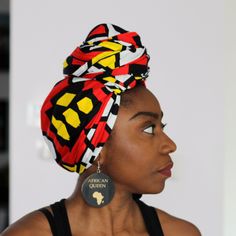 African Samakaka / Samacaca Headwrap made of African Super wax print fabric. Red / Yellow / Black / White / Angolan traditional tribal print fabric with blocks and geometrical / chevron shapes. Tribal design from Angola. ( Samacaca fabric ) Headwrap size: 72 inch x 22 inch( 183 cm x 56 cm ) All edges are seamed. This headwrap can be tied in many different styles. You can use different type of knots, ties, ribbons, wrap etc. To see some of these styles, check out our other head wraps for sale. Th African Scarf, Turban Scarf, Ankara Headwrap, African Turban, Types Of Knots, African Prom Dresses, Wax Print Fabric, Fabric Scarf, Scarf Headband