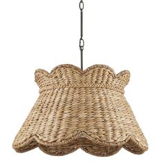 a wicker light fixture hanging from a metal rod with an iron chain attached to it