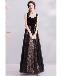 Buy Long Black Tulle Star Lace Prom Party Dress With Straps Sash at wholesale price online. Free shipping and pro custom service since 2009. Trendy Cocktail Dresses, Embroidery Dresses, Evening Dress Collection, Black Abaya, Woman Dresses, Night Dresses, Evening Dresses Online, Tulle Evening Dress, Cheap Evening Dresses