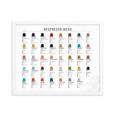 a white framed poster with the names and colors of espresso menus on it