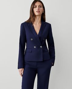 For effortless style and everyday elegance, our double breasted blazer is the perfect style to add to your closet. Notched lapel. Long button-open sleeves allow for versatility in styling. Double breasted button front. Front flap besom pockets. Back vent. Lined,Hit:Hits at waist,Imported:Imported,Fit:Tailored fit,Length:23" long,Fabrication:Shell: 73% Polyester, 24% Rayon, 3% Spandex; Lining: 100% Polyester,Garment Care:Machine Washable The Shorter Tailored Double Breasted Blazer in Textured Dra Women Double Breasted Blazer, Graduation Suits For Women, Petite Suits, Graduation Suits, Open Sleeves, Fashion Office, Everyday Elegance, Petite Shorts, Suits For Sale