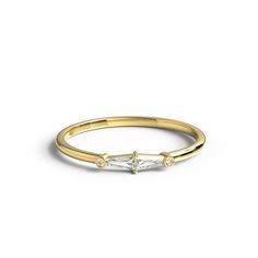 This 14k gold diamond ring comes with tapered baguettes and round diamond. Great as a solo piece and with stacking rings. ** Half and quarter sizes available. M A T E R I A L & L E N G T H Available in 14k Yellow Gold, 14k Rose Gold, 14k White Gold, Sterling Silver, 18k Yellow Gold, 18k Rose Gold, 18k White Gold Stones: 2 tapered baguette 3.5x2x1.3 mm and 2x 0.9 mm round Carat Weight: Baguette 0.14 ct. Round 0.01 ct. Color: G Quality: SI-VS Additional Notes: * Non-Conflict Diamonds * Made in Baguette Diamond Wedding Band, Band Wedding Ring, Diamond Anniversary Bands, Diamond Stacking Rings, Promise Ring Gift, Chevron Ring, Diamond Gift, Diamond Anniversary Rings, Gold Diamond Jewelry