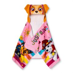 a towel that is shaped like a dog with paw patrol on the front and back