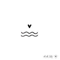 a black and white drawing of a heart floating in the water with waves around it