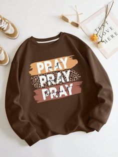 Jesus Clothes, Plus Size Sweatshirts, Style Sportif, Letter Print Sweatshirt, Coffee Brown, Workout Sweatshirt, Womens Fleece, Kids Sleepwear, Sporty Style