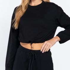 Long Sleeve Adjustable Waist French Terry Top Casual Black Top With Drawstring, Sporty Black Tops With Drawstring, Alabama Hoodie, Lilac Crop Top, Alabama Sweatshirt, Navy Blue Crop Top, Boho Sweatshirt, Black Crop Tee, Striped Tube Top