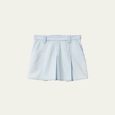 Miu Miu washed chambray skirt features large pleats and a sartorial logo label Mid waist Short length Flare fit Slash pockets Belt loops; side zip Cotton Made in Italy Spring Season Fitted Miu Miu Mini Skirt, Miu Miu Spring Mini Skirt, Miu Miu Mini Skirt For Spring, Miu Miu Skirt For Spring Workwear, Miu Miu Cotton Bottoms For Summer, Summer Cotton Bottoms By Miu Miu, Miu Miu Cotton Bottoms For Spring, Miu Miu Spring Bottoms With Pockets, Chic Miu Miu Skirt For Spring