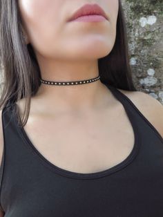 "Dainty Choker Necklace, Single Leather Cord Choker, Black Choker Necklace, Black Necklace Dainty,Silver Gold Choker Necklace, Stud Choker ❤ BUY ANY 2 ITEMS ANS GET 15% OFF!! (USE COUPON CODE '15OFF') ❤ ❤ BUY ANY 4 ITEMS ANS GET 20% OFF!! (USE COUPON CODE '20OFF') ❤ ❤ BUY ANY 6 ITEMS AND GET 25% OFF!! ((USE COUPON CODE '25OFF') ❤ Complete any outfit with this delicate black silver/gold fashionable and trendy choker necklace ! Made from 5mm velvet cord. Choker length: 12 inches + 2.5 inch extensi Black Clavicle Chain Choker For Festivals, Black Choker With Clavicle Chain, Black Choker Necklace For Festival, Adjustable Silver Choker With Black Beads, Adjustable Black Beads Choker, Black Metal Choker With Clavicle Chain, Choker Outfit, Suede Choker Necklace, Choker Necklace Black