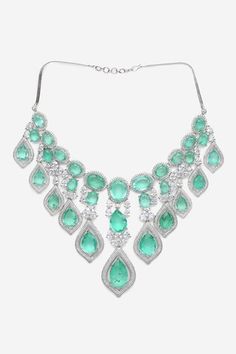 White plated long necklace with green diamond stones and cubic zirconia diamonds embellishments. Comes with a matching pair of earrings. - Aza Fashions Long Necklace Set, Jewellery Sets, Green Diamond, Mixed Metals, Chain Earrings, Diamond Stone, Aza Fashion, Long Necklace, Necklace Set