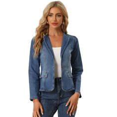 The denim blazer is a classic and stylish addition to any wardrobe. The lapel collar and one-button closure give it a sophisticated look that can be dressed up or down. This denim blazer can be styled in a variety of ways, making it perfect for wearing to work or for casual outings. It can be paired well with jeans, pants, skirts, and dresses. Classic Tailored Denim Jacket With Pockets, Classic Denim Blue Blazer With Pockets, Tailored Denim Jacket With Notch Lapel And Pockets, Classic Denim Jacket With Notch Lapel And Pockets, Spring Denim Jacket With Notch Lapel And Button Closure, Formal Tailored Denim Outerwear, Tailored Denim Blazer With Button Closure, Classic Denim Blue Blazer For Spring, Denim Blazer With Pockets And Lapel Collar