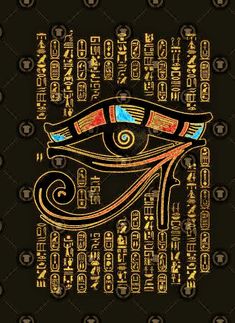 the eye of horush in gold and blue with egyptian writing on black background