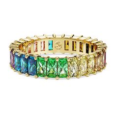 Featuring a vibrant array of rainbow colors, this Matrix ring is filled with joy and elegance. The gold-tone plated band delivers a full circle of baguette-cut stones, each placed in a refined prong setting. This jewelry is made for self-expression and pairs beautifully with our matching earrings. Swarovski Watches, Flowers For Men, Green Princess, Ring Baguette, Pink Watch, Rainbow Jewelry, Belly Piercing, Rose Gold Watches, Dope Jewelry