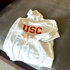 Brand New Usc Hoodie Bought At The Bookstore On Campus! White Cotton Hoodie For Fan Gear, Collegiate White Hoodie For Fall, White Collegiate Hoodie For Fall, Casual Hoodie With Adjustable Hood For Fan Gear, Casual White Sweatshirt For Fan Gear, Casual Winter Hoodie For Fan Gear, Fall Casual Hoodie For Fan Gear, Usc Hoodie, Grey Cropped Hoodie