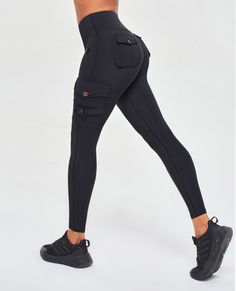 Cargo Fitness Leggings - Black Sporty High-stretch Bottoms With Pockets, Functional High Waist Black Bottoms, High Stretch Functional Bottoms With Side Pockets, Functional High Stretch Bottoms With Side Pockets, High Stretch Sports Pants With Pockets, High Stretch Gym Bottoms With Side Pockets, High Stretch Functional Pants With Pockets, Functional Yoga Bottoms With Pockets, High Stretch Bottoms With Side Pockets For Gym