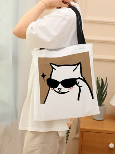 Multicolor Preppy Collar  Polyester Cartoon Shopper Bag Embellished   Women Bags Tot Bag Design Ideas, Cute Tote Bag Ideas, Bag Ideas Design, Paint Tote Bag Ideas, Cool Tote Bag Design, Cool Tote Bags, Diy Bag Painting, Handpainted Tote Bags