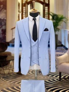 "SKY BLUE WEDDING three piece suits for men - Bespoke Wedding Tuxedo Suit - blue suit men - Elegant blue Suit COMPULSARY PLEASE MEASURE YOUR CHEST AREA, CIRCUMFRENECE AROUND THE BROADEST PART OF CHEST AND WAIST AREA WHERE YOU NORMALLY WEAR YOUR TROUSER OR 4 FINGER BELOW THE BELLY BUTTON, AND PICK YOUR SIZE ACCORDINGLY PLEASE PROVIDE YOUR HEIGHT AND WEIGHT IN THE PERSONALISATION BOX , WHILE PLACING THE ORDER PLEASE CHECK THE SIZE CHART BEFORE PLACING THE ORDER IN SIZE CHART , \"WAIST\" REFERS TO White And Blue Suit Men, Pastel Blue Suits For Men, Sky Blue Tuxedo For Men, Sky Blue Groom Suit, Pastel Suits Men, Blue Groom Sets With Suit Collar, Blue Tuxedo Style Three-piece Suit For Wedding, Blue Tuxedo Set For Groom, Blue Double Breasted Tuxedo For Wedding