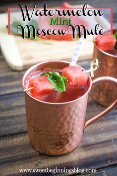 two copper mugs filled with watermelon mint moscow