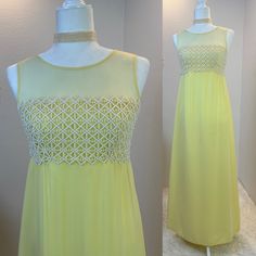 "1970s gown / 70s gown / 1970s Maxi with train / 1970s dress  / 70s dress / vintage chiffon / Lemon chiffon gown wounded  This 1970s beauty is just breathtaking. So breathtaking that I decided to host her even though she has flaws to her chiffon. Maybe you won't mind her flaws? Her bodice is chiffon covered in a cage like lace bodice, has a comfortable cut with an empire waistline,  a two piece chiffon cape that billows when you walk. Fhe chiffon covers the bodice and shoulders and connects at t Retro Maxi Dress For Wedding, Vintage Chiffon Maxi Dress, Vintage Chiffon Maxi Length Dress, Retro Floor-length Maxi Dress For Wedding, Flowy Vintage Maxi Dress For Wedding, Vintage Floor-length Evening Maxi Dress, Vintage Chiffon Maxi Dress For Party, Retro Floor-length Evening Maxi Dress, Vintage Sleeveless Maxi Dress For Wedding