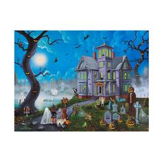 a painting of a halloween scene with people dressed up as witches and ghostes in front of a purple house