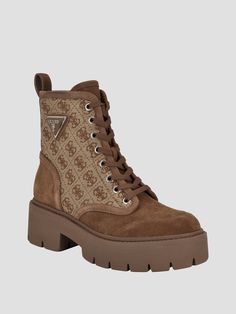 Utility boots Quattro G jaquard pattern Faux-leather panels Triangle logo Round toe Lug sole Material: Synthetic Utility Boots, Gucci Boots, Round Logo, Triangle Logo, Lug Sole, Brown Boots, Boot Shoes Women, Bootie Boots, Shoe Boots