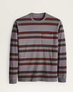 Our hardy combed cotton jersey in an overdyed stripe pattern. One open chest pocket with small leather logo patch. Label-free neck. 100% cotton. Imported . | MEN'S LONG-SLEEVE STRIPED DESCHUTES POCKET TEE Casual Striped Yarn-dyed Tops, Casual Yarn-dyed Striped Tops, Casual Yarn-dyed Tops For Fall, Casual Long Sleeve Yarn-dyed Top, Long Sleeve Cotton T-shirt With Horizontal Stripes, Rugged Cotton Everyday Tops, Casual Striped Tops With Pockets, Casual Cotton Top With Horizontal Stripes, Pocket Tee Shirts