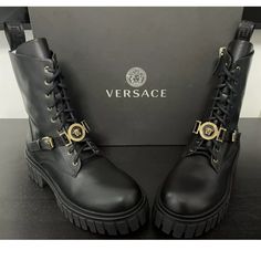 Brand New In Box Versace Womens Medusa Logo Black Ankle Combat Boots Us10 Eu40. Comes With Box & Dust Bag. Retail Price $1675. Gold Luxury Calf Leather Boots, Luxury Gold Calf Leather Boots, Luxury Gold Boots, Versace Shoes Women, Leather Combat Boots Women, Versace Womens, Versace Boots, Ankle Combat Boots, Black Leather Combat Boots