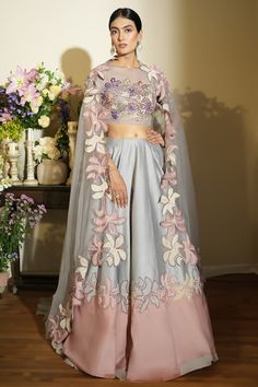 Lavender and blush attached cancan lehenga with placement lilies hand embroidery. Paired with a padded blouse with all over floral hand embroidery and dupatta. - Aza Fashions Wedding Semi-stitched Palazzo Set With Floral Embroidery, Floor-length Organza Palazzo Set For Reception, Wedding Organza Sets With Floral Embroidery, Wedding Sets With Floral Embroidery In Organza, Wedding Sets With Floral Embroidery On Organza, Wedding Lehenga With Floral Embroidery In Tissue Silk, Tissue Silk Sets With Floral Embroidery For Reception, Elegant Floral Lehenga For Wedding, Wedding Anarkali Set With Floral Embroidery In Tissue Silk