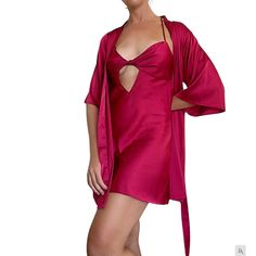 *Refer to Size Chart in Pictures* 100% Radius Model measures 5'8" or 1m77, 36.5" bust, 29" waist, 40" hips ~ Wearing M set Wrap yourself in this elegant-soft silky nightgown and robe set and let the night slip away in comfort & style. The cami nightgown features a cute peekaboo front detail with adjustable crisscross back straps and an open back. The robe features a sewn-in-belt and an inside tie for your convenience. Loungewear Dresses With Built-in Bra, Spring Nightwear Sets Fitted, Fitted Night Sets For Spring, Fitted Summer Night Sets, Fitted Sets For Summer Nights, Red Satin Dress For Loungewear, Fitted Satin Nightgown For Pajama Party, Pink Fitted Mini Dress For Night, Red Fitted Summer Nightgown