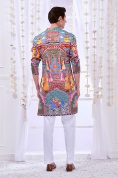 Multi colored straight kurta with royal Raj-Darbar prints. Comes with solid pyjama. - Aza Fashions Multicolor Kurta With Digital Print For Festive Occasions, Multicolor Digital Print Kurta For Festive Occasions, Festive Digital Print Kurta For Festivals, Bollywood Style Multicolor Digital Print Kurta, Festive Multicolor Kurta With Printed Motifs, Designer Long Sleeve Kurta With Digital Print, Bollywood Style Kurta With Digital Print For Festivals, Multicolor Digital Print Kurta For Eid, Bollywood Style Festive Kurta With Digital Print