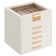 a white drawer with gold handles and drawers on the bottom, open to reveal compartments